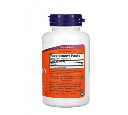 Мелатонин, Melatonin, Now Foods, 5 мг, 180 вег. капсул