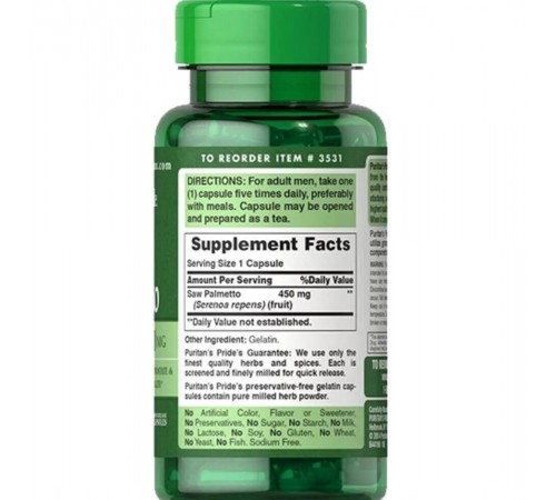 Со пальметто, Saw Palmetto, Puritan's Pride, 450 мг, 100 капсул Со пальметто, Saw Palmetto, Puritan's Pride, 450 мг, 100 капсул