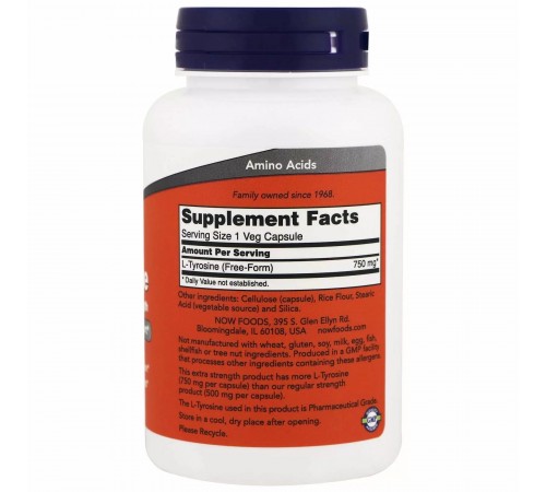 Тирозин, L-Tyrosine, Now Foods, дополнительная сила, 750 мг, 90 вегетарианских капсул