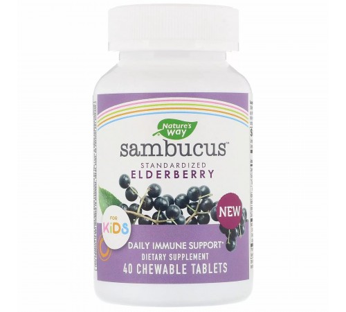 Бузина для детей, Sambucus for Kids, Standardized Elderberry, Nature's Way, 40 жевательных таблеток Бузина для детей, Sambucus for Kids, Standardized Elderberry, Nature's Way, 40 жевательных таблеток