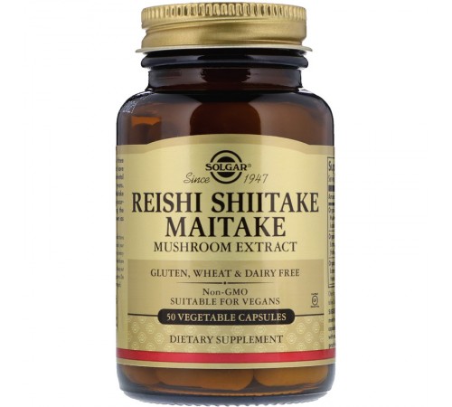 Лечебные грибы рейши, шиитаке и майтаке (Reishi Shiitake Maitake), Solgar, экстракт, 50 капсул Лечебные грибы рейши, шиитаке и майтаке (Reishi Shiitake Maitake), Solgar, экстракт, 50 капсул