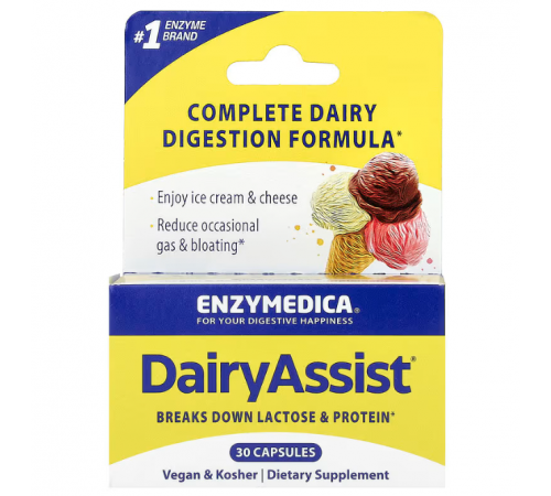 Ферменти для перетравлення лактози, DairyAssist, Enzymedica, для веганів, 30 капсул Ферменти для перетравлення лактози, DairyAssist, Enzymedica, для веганів, 30 капсул