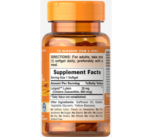 Лютеїн для зору з зеаксантином, Lutein with Zeaxanthin, Puritans Pride, 20 мг, 120 капсул