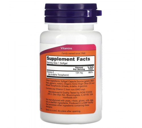 Витамин Е-200 Смесь токоферолов, Mixed Tocopherols E-200, Now Foods, 134 мг, 100 капсул