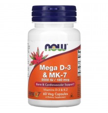 Вітамін Д3 та МК-7, Mega D-3 & MK-7, Now Foods, 5000 МО / 180 мкг, 60 капсул