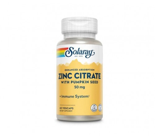 Цинк цитрат, Zinc Citrate With Pumpkin Seed, Solaray, 50 мг, 60 капсул