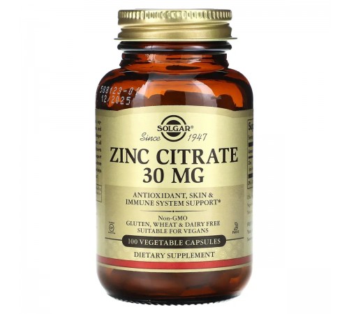 Цитрат цинку, Zinc Citrate, Solgar, 30 мг, 100 капсул
