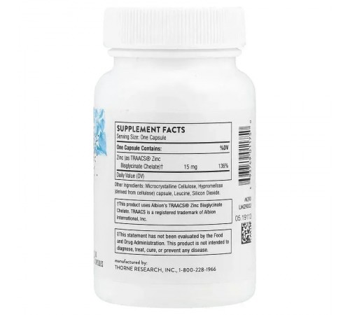 Бисглицинат цинка, Zinc Bisglycinate, Thorne Research, 15 мг, 60 капсул