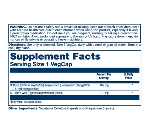 5-HTP (5-гидрокситриптофан) с зверобоем, 5-HTP + St. John's Wort, Solaray, 100 мг, 30 капсул 5-HTP (5-гидрокситриптофан) с зверобоем, 5-HTP + St. John's Wort, Solaray, 100 мг, 30 капсул