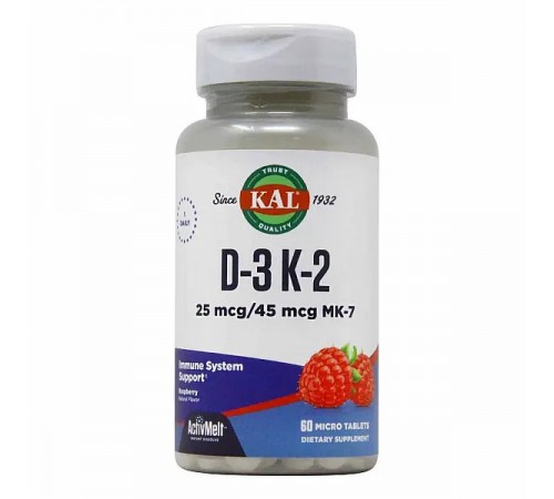 Витамины Д-3 и К-2, D-3, K-2, KAL, 25 мкг, 60 таблеток (Малина)