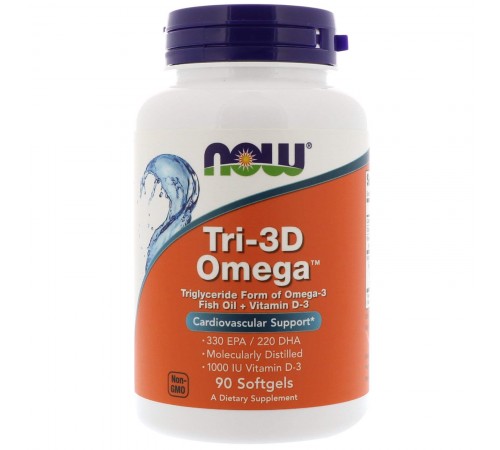 Риб'ячий жир в капсулах + D3, Tri-3D Omega, Now Foods, 330 EPA/220 DHA, 90 гелевих капсул