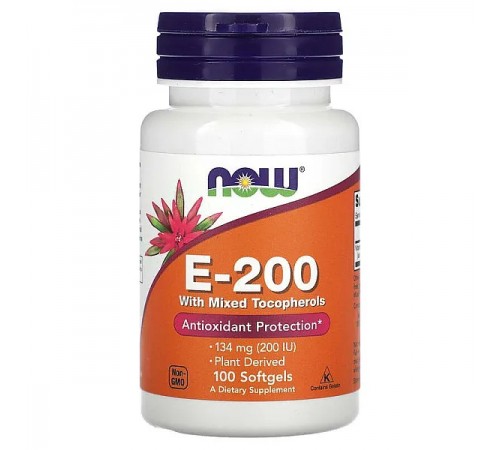 Витамин Е со смешанными токоферолами, E-200 with Mixed Tocopherols, NOW Foods, 200 МЕ, 100 капсул