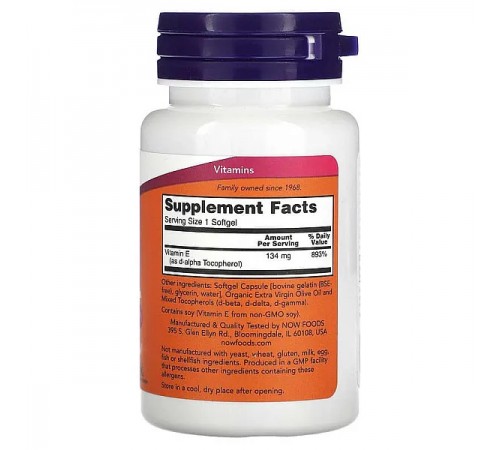 Витамин Е со смешанными токоферолами, E-200 with Mixed Tocopherols, NOW Foods, 200 МЕ, 100 капсул