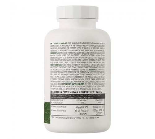 Витамин Д3+ К2, Vitamins D3+K2 MK-7, OstroVit, 4000 МЕ, 100 таблеток