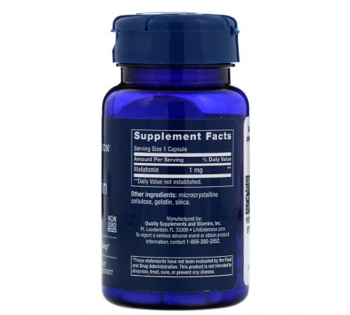 Мелатонін, Melatonin, Life Extension, 1 мг, 60 капсул