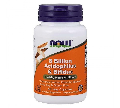Пробиотики 8 миллиардов, Acidophilus и Bifidus 8 млрд КОЭ, NOW Foods, 60 капсул Пробиотики 8 миллиардов, Acidophilus и Bifidus 8 млрд КОЭ, NOW Foods, 60 капсул