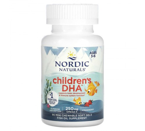 Рыбий жир для детей, Children`s DHA, Nordic Naturals, 90 мини жевательных капсул (Клубника)