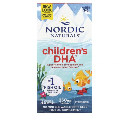Рыбий жир для детей, Children`s DHA, Nordic Naturals, 90 мини жевательных капсул (Клубника)