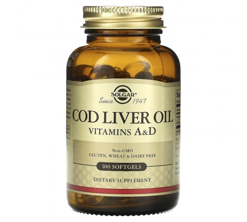 Витамины A и D из масла печени трески, Cod Liver Oil, Vitamins A&D, Solgar, 100 гелевых капсул Витамины A и D из масла печени трески, Cod Liver Oil, Vitamins A&D, Solgar, 100 гелевых капсул
