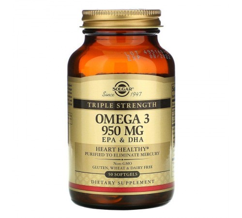 Риб'ячий жир, Омега-3 (Omega-3, EPA DHA), Solgar, потрійна сила, 950 мг, 50 капсул