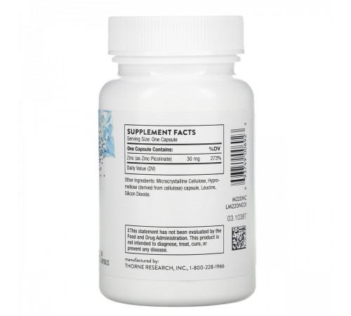 Пиколинат цинка, Zinc Picolinate, Thorne Research, 30 мг, 60 капсул Пиколинат цинка, Zinc Picolinate, Thorne Research, 30 мг, 60 капсул