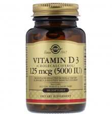 Витамин D3 (холекальциферол), Vitamin D3, Solgar, 125 мкг, 5000 МЕ, 100 капсул