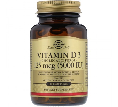 Витамин D3 (холекальциферол), Vitamin D3, Solgar, 125 мкг, 5000 МЕ, 100 капсул