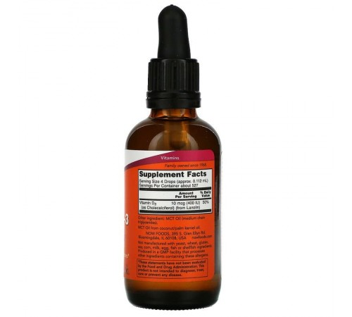 Вітамін D3, Liquid Vitamin D-3, рідкий, NOW Foods,10 мкг (400 МО), 59 мл