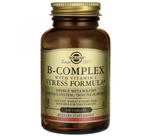 Витамины группы В+С, B-Complex with Vitamin C Stress Formula, Solgar, 100 таблеток
