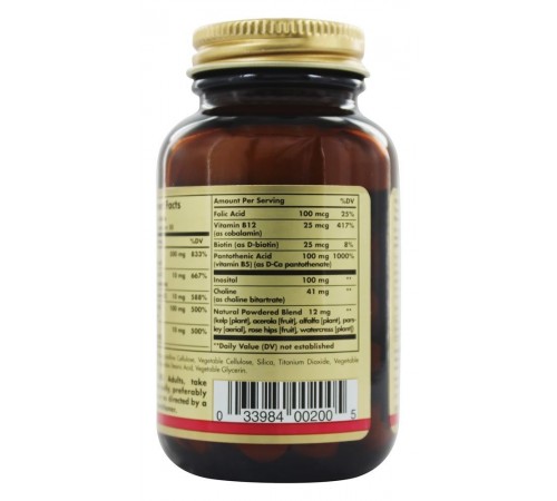 Витамины группы В+С, B-Complex with Vitamin C Stress Formula, Solgar, 100 таблеток