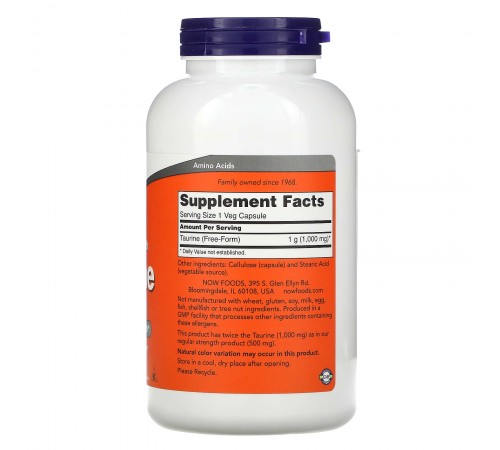 Таурин, Taurine, Now Foods, 1000 мг, 250 вегетарианских капсул